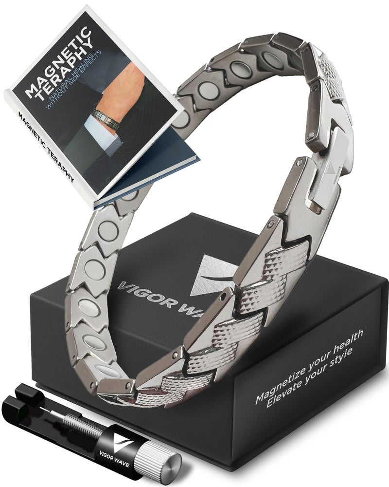 Vigor Wave Magnetic Therapy Titanium Bracelet for Men Unique BraidedLike Magnetic Bracelet for Relieving Pain and Improving Circulation Premium Sizing Tool Gift Box Titanium